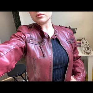 Red faux leather moto jacket
